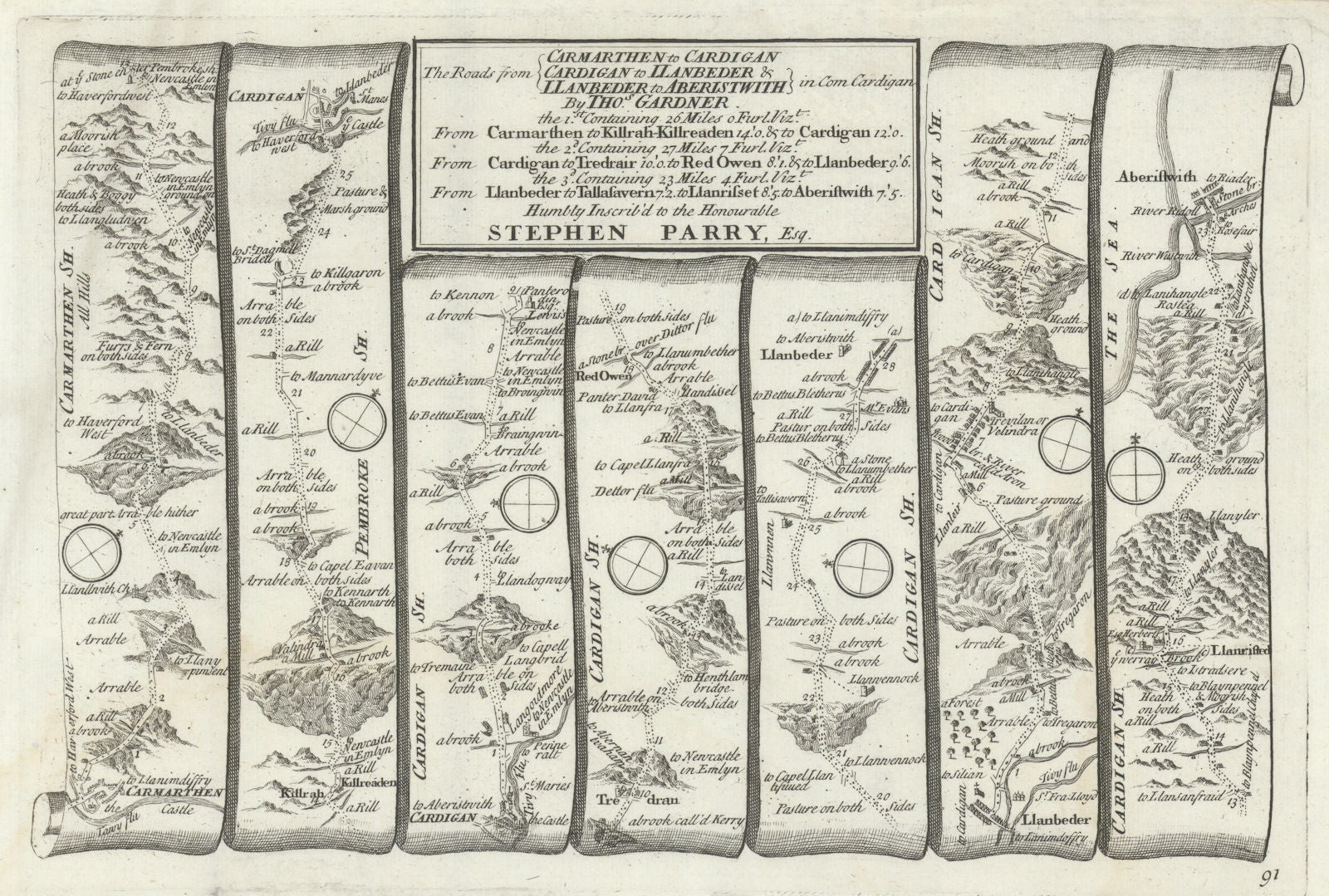 Carmarthen - Cardigan - Llanilar - Aberystwyth. GARDNER road map #91 1719